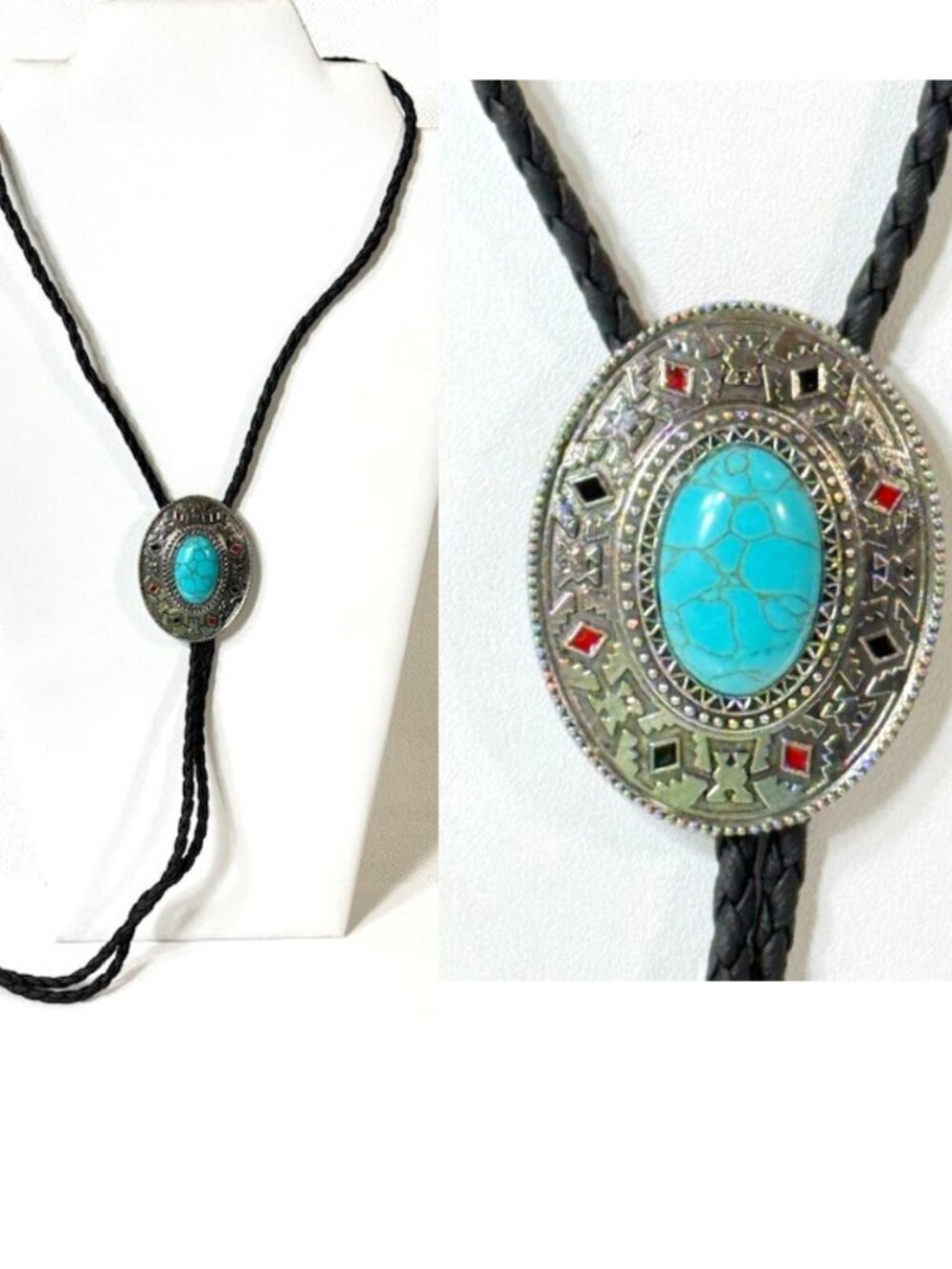 Turquoise-tone, silver-tone and black cord western cowboy bolo tie